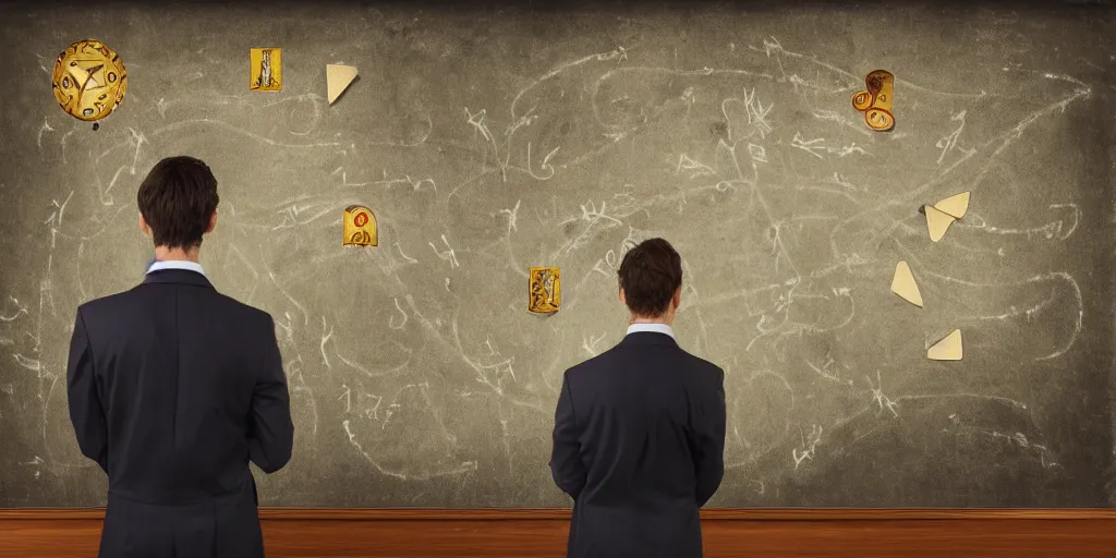 Prompt: back shot of male accountant examining the mysteries of tarot cards on a magical blackboard, fantasy art, matte painting, high quality