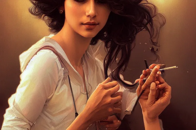 Image similar to Anxious good looking pale young Indian doctors smoking, portrait, elegant, intricate, digital painting, artstation, concept art, smooth, sharp focus, illustration, art by artgerm and greg rutkowski and alphonse mucha