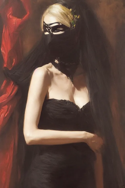 Prompt: masked skinny countess, classical oil painting, dark color scheme, painted by Vicente Romero Redondo, real-life accurate