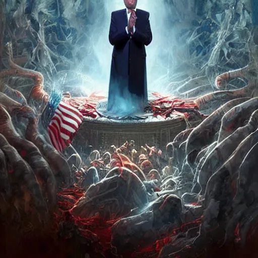 Image similar to Donald Trump praying to the Dark Gods at the unholy temple of DarkMAGA, highly detailed, digital art by Ross Tran and Greg Rutkowski