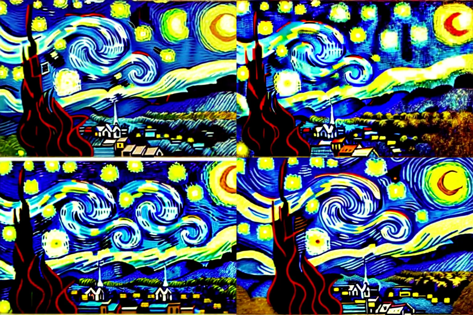 Prompt: van goghs starry night in the style of dan mumford