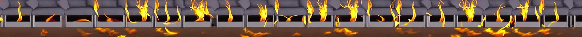 Image similar to 8 consistent progressing frames from a video of a couch on fire at night