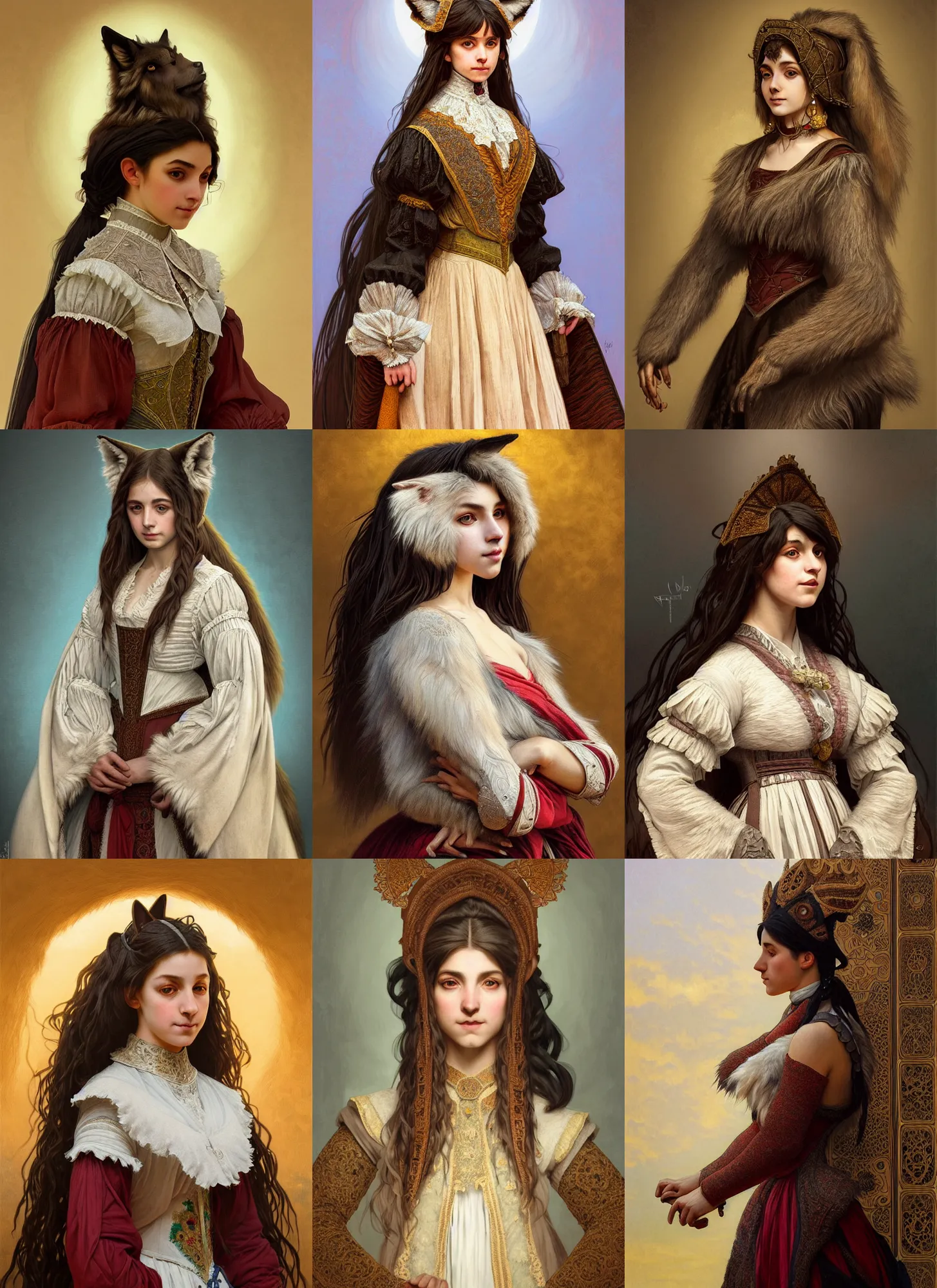 Prompt: symmetry!! portrait of 1 5 0 0 furry wolf andalusian furry wolf girl in historical andalusian clothing, furry wolf girl, historical, intricate, highly detailed, dynamic lighting, digital art, digital painting, artstation, wlop, sharp focus, illustration, art by artgerm and greg rutkowski and alphonse mucha, 8 k