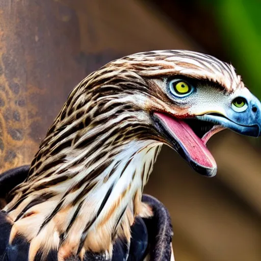 Image similar to hawk morphed with velociraptor, hybrid animal, sharp claws and beak, high quality picture taken in zoo