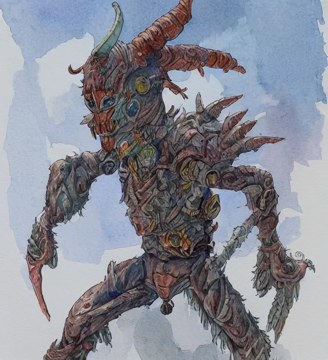 Image similar to a 3 / 4 view watercolor ink painting of a humanoid anthropomorphic glowing deathclaw dressed as a raider in the style of jean giraud in the style of moebius trending on artstation deviantart pinterest detailed realistic hd 8 k high resolution