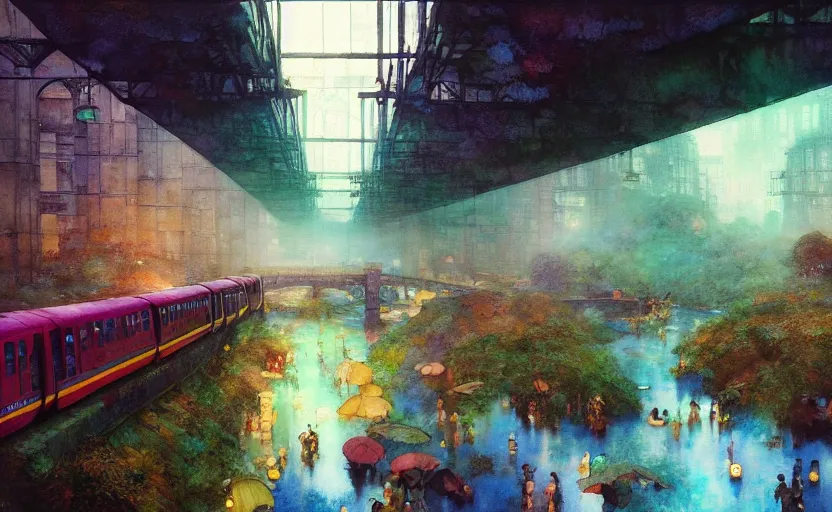 Image similar to an urban train rides inside of a waterway on a fantasy city. intricate, amazing composition, colorful watercolor, by ruan jia, by maxfield parrish, by marc simonetti, by hikari shimoda, by robert hubert, by zhang kechun, illustration, gloomy