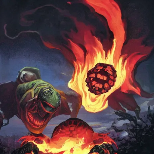 Prompt: A dark colored man hurling black flames from his hands at a huge humanoid titan with a turtle shell