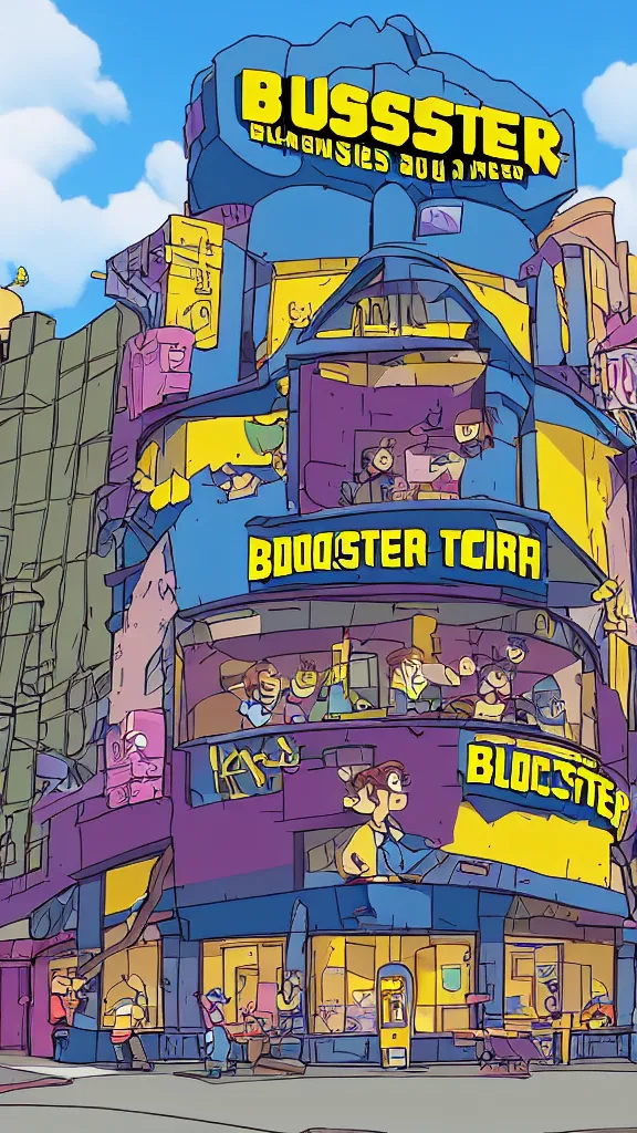 Image similar to blockbuster building in the style of a 90s cartoon