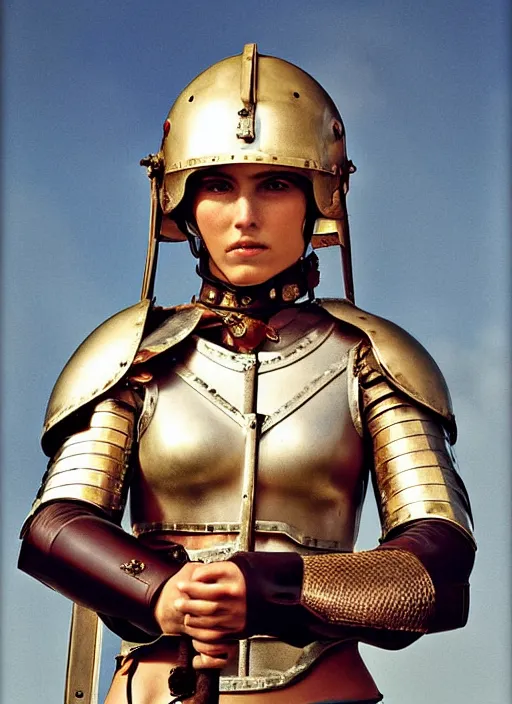 Prompt: portrait of female roman gladiator with helmet and armor, color photograph by mario testino