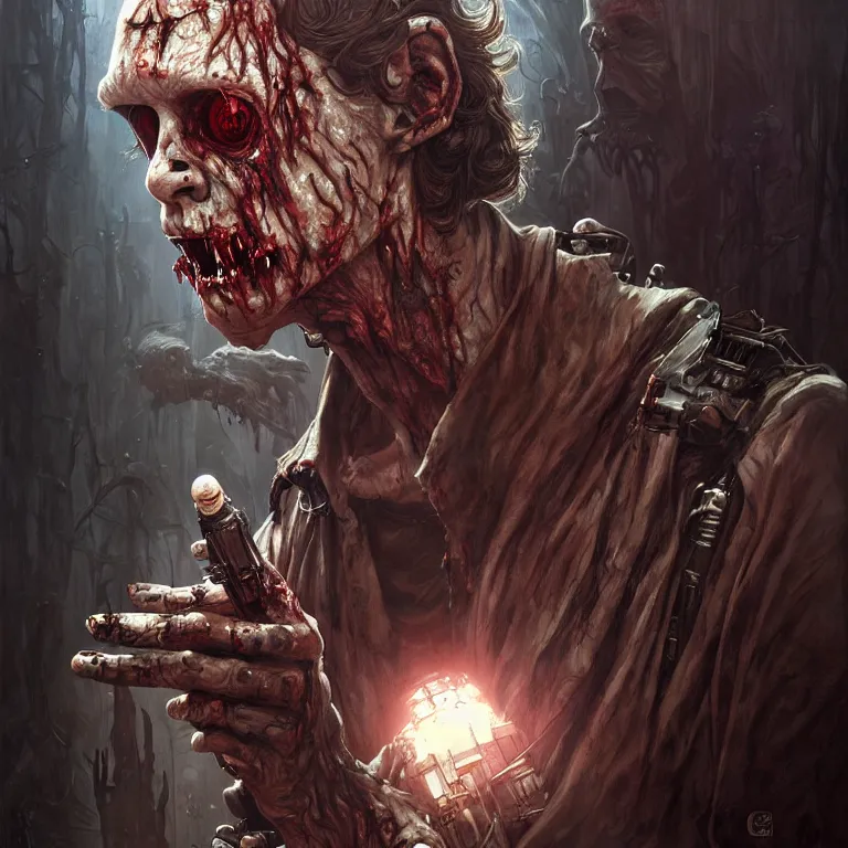 Image similar to scary horrific star wars, zombie han solo, dark fantasy, body horror, sores and scars, undead. highly detailed, biopunk, digital painting, by greg rutkowski, artgerm and alphonse mucha