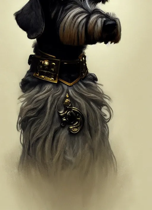 Image similar to portrait of stoic looking miniature schnauzer, military uniform, black fir, white eyebrows, fantasy, intricate, elegant, highly detailed, centered, dark, smokey, digital painting, artstation, concept art, smooth, sharp focus, illustration, art by artgerm and greg rutkowski and alphonse mucha