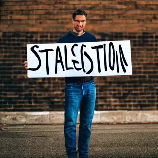 Prompt: a man holding up a sign that says stable diffusion, photograph, cinematic lighting, movie frame