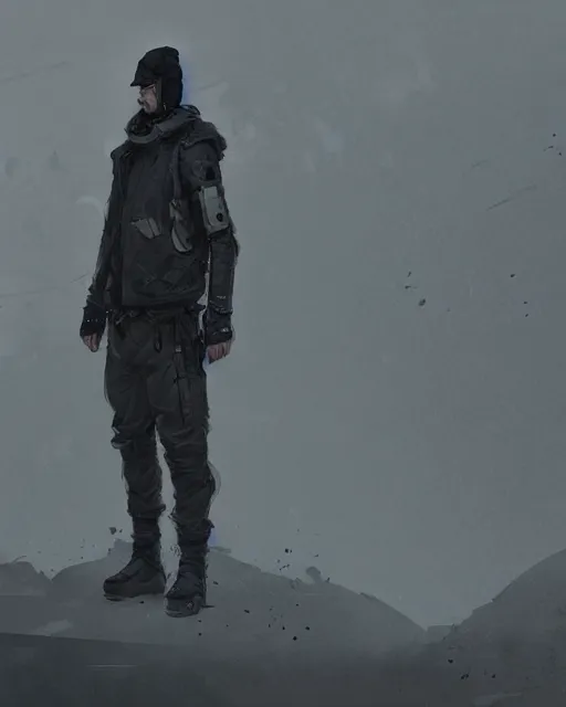 Image similar to Medium shot of a character wearing techwear in the style of greg rutkowski