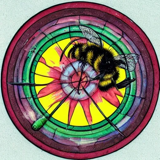 Prompt: a bloody spiritual ritual spell with a bumblebee at the middle of a bullseye, fantasy illustration, art nouveau