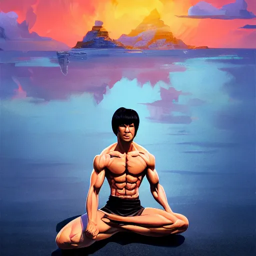 Image similar to bruce lee in lotus position on a beach background, behance hd by jesper ejsing, by rhads, makoto shinkai and lois van baarle, ilya kuvshinov, rossdraws global illumination radiating a glowing aura global illumination ray tracing hdr render in unreal engine 5