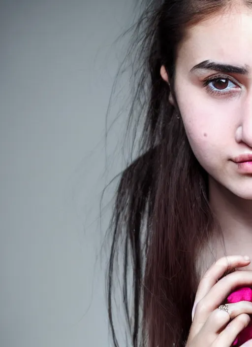 Image similar to A close-up photo of a Turkish 22 year old girl with hazel eyes and pink cheeks. Her hair is straight and tied into a ponytail. Shyly looking at the camera and slightly smiling. Detailed face features, hyper realism, studio, bokeh, shallow depth of filt, neutral background, telephoto lens, photography from Vogue magazine, by Lee Jeffries, Sigma 500mm f/5