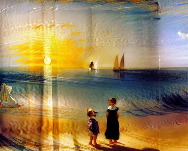 Image similar to a couple and a girl toddler on a beach in sardinia looking at the sunset, there is a sailing boat on the horizon, the woman has long dark hair, white sand, blue sky, summer, white and blue, painting by j. m. w. turner in 2 0 2 2