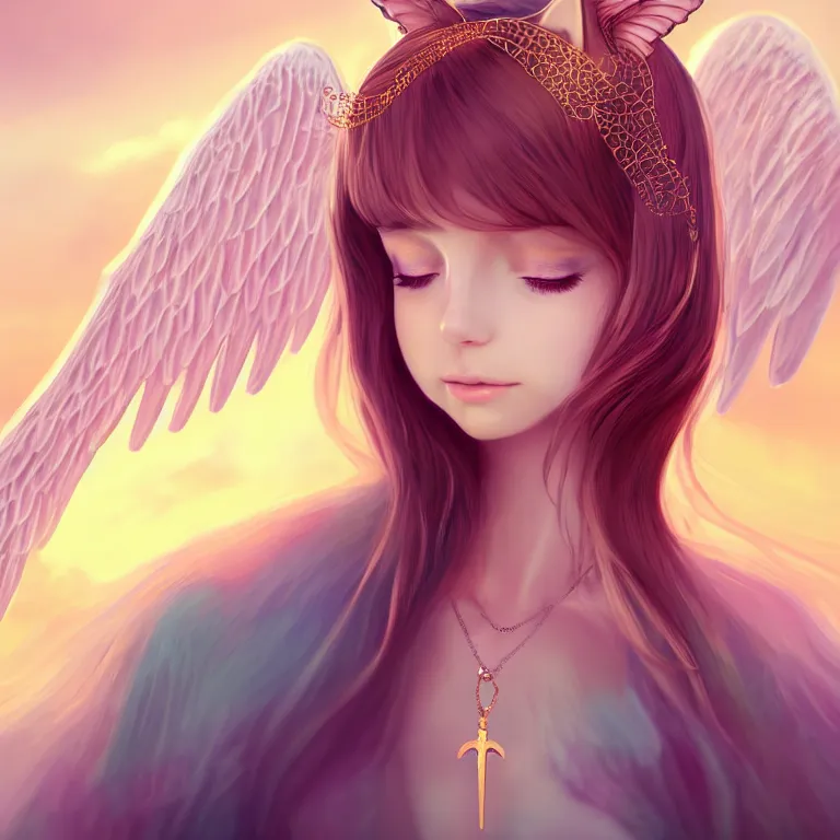 Prompt: Portrait of a cute elegant woman with angelic wings on her back, levitating, cat ears, luxurious neckless, sunset warm spring, slim face, detailed face, centered full-body shot, fantasy, anime, vibrant, colorful, depth of field, intricate details, trending on ArtStation, Deviantart, by WLOP