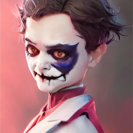 Image similar to Cute Joker as a doll, by Stanley Artgerm Lau, WLOP, Rossdraws, James Jean, Andrei Riabovitchev, Marc Simonetti, Yoshitaka Amano, ArtStation, CGSociety,