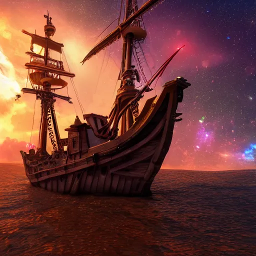 Image similar to a pirate ship with galaxies in the sky ,highly detailed, 4k, HDR, award-winning, artstation, octane render