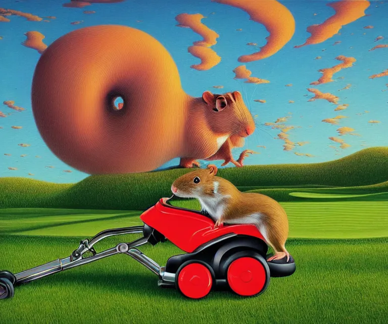 Prompt: hyper detailed 3d render like a Oil painting - a cartoon gerbil riding a lawnmower across a golf course at dawn, by Jacek Yerka, Mariusz Lewandowski, Houdini algorithmic generative render, Abstract brush strokes, Masterpiece, Edward Hopper and James Gilleard, Zdzislaw Beksinski, Mark Ryden, Wolfgang Lettl, hints of Yayoi Kasuma, octane render, 8k