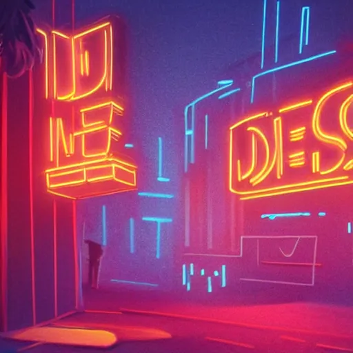 Image similar to entrance to a disco club in new york with a neon sign at nightime, heavy mist, highly detailed, artstation, concept art