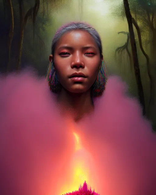 Image similar to a hyper - detailed 3 d render like an oil painting of tribe member portrait in a tropical forest with pink smoke!!!!! surreal concept art, lifelike, photorealistic, digital painting, aesthetic, smooth, sharp focus, artstation hd, by greg rutkowski, bruce pennington, valentina remenar, rhads, asher duran,