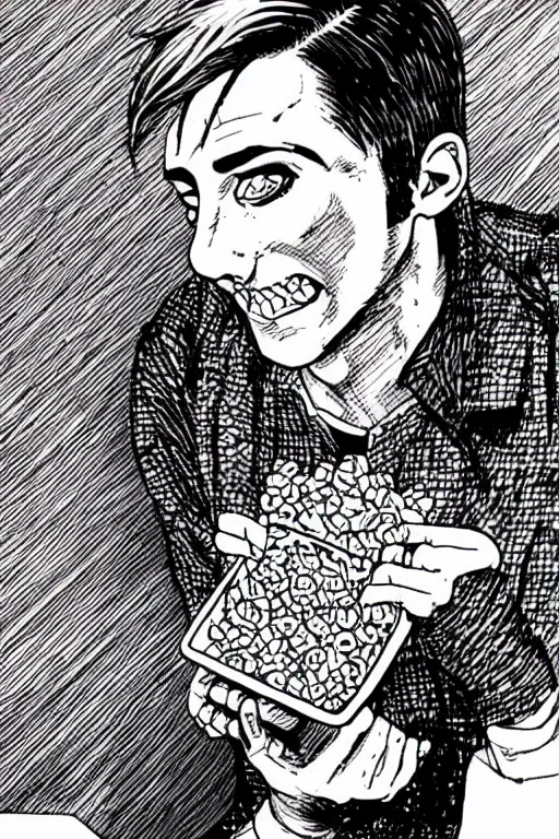 Image similar to junji ito illustration of ryan gosling eating cereal