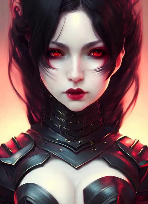 Image similar to full plate armor!!! beautiful and elegant dark hair female vampire!! gorgeous ayes!! character concept art, sharp focus, octane render! unreal engine 5! highly rendered!! trending on artstation!! detailed linework!! illustration by artgerm, wlop, and chie yoshii