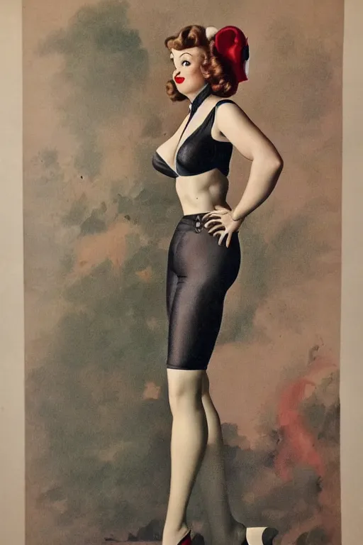 Image similar to a portrait one full body pin up post war dressing a military unioform,garden backgound Gil Elvgren style,center composition,anatomic correct