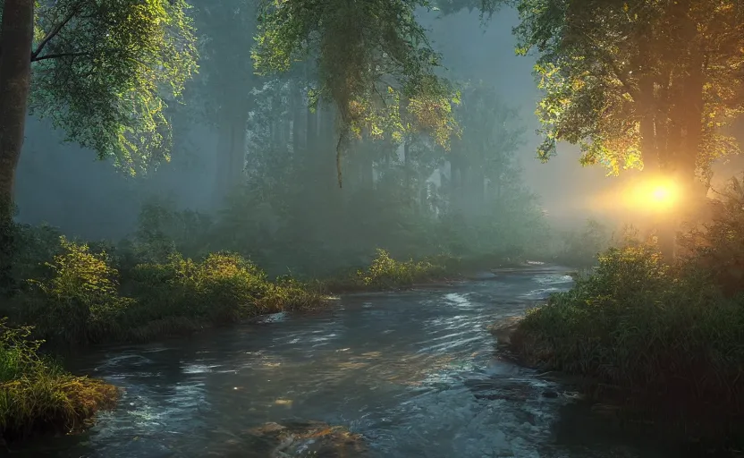 Image similar to a river in the middle of a forest at sunrise, vector art, trending on deviantart, highly detailed, high quality, 8 k, soft lighting, bloom, godrays, complementary colors, octane render, unreal engine 5, path traced, beautiful landscape, serene landscape, fancy colors