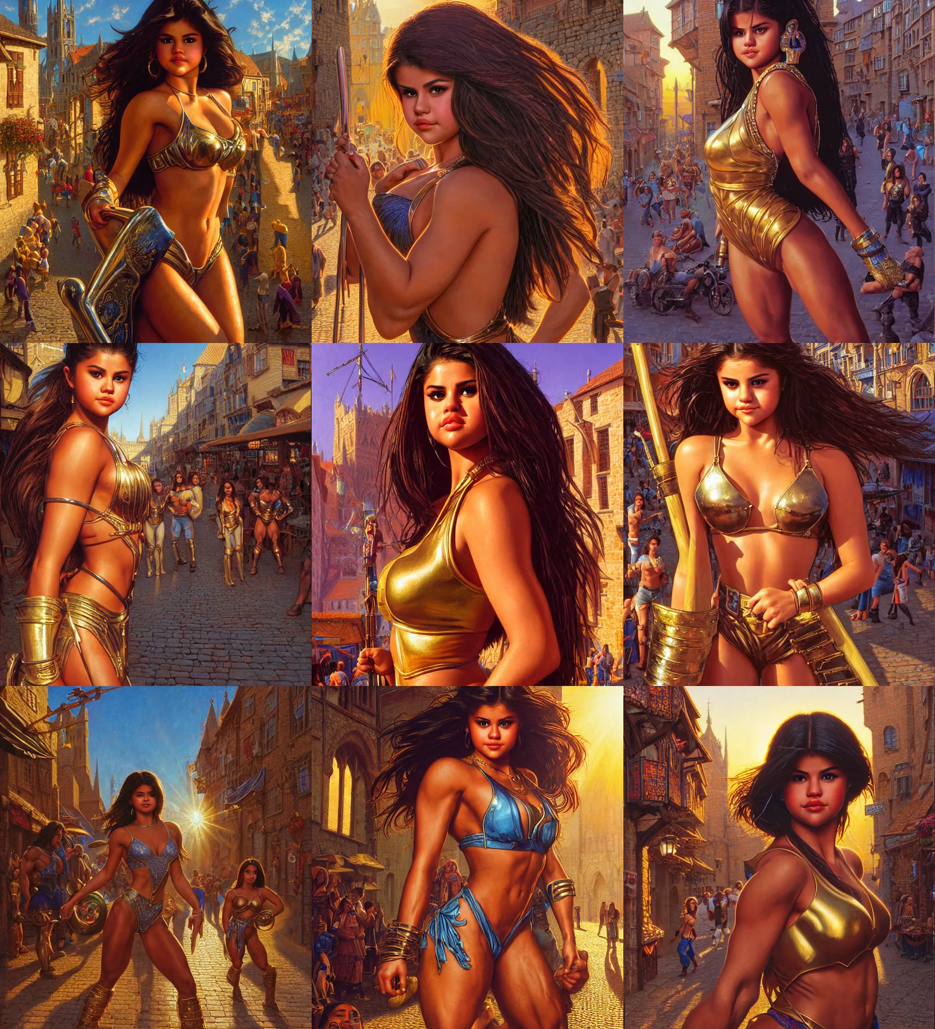 Prompt: close - up portrait of selena gomez as bodybuilder warrior heroine hanging around a cobbled medieval shopping street, colored market stand, golden hour, sun - rays beams, epic composition, 2 0 0 mm focal length, donato giancola, tim hildebrandt, wayne barlow, bruce pennington, larry elmore