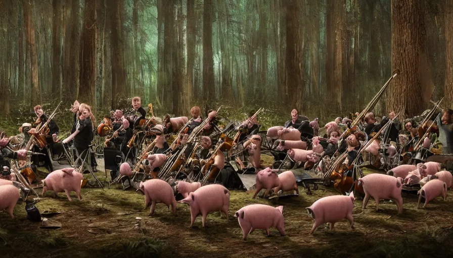 Image similar to a crowd of pigs playing orchestral instruments in a grindcore show in the middle of a liminal forest, realistic, 4 k,