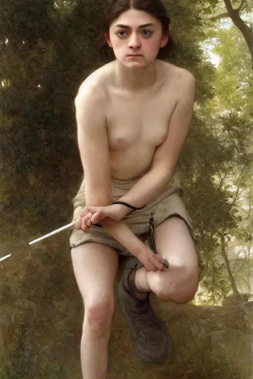 Image similar to portrait of arya stark as a beautiful athletic pale girl, hd, realistic, bouguereau