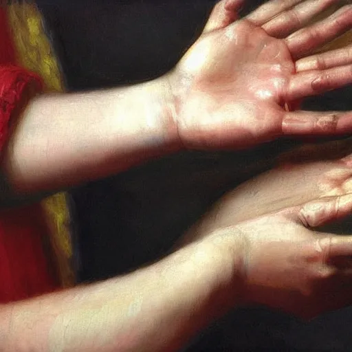 Image similar to Shaking hands, vertical symmetry, close up shot, detailed hands, beautiful moody artwork by Ilya Repin and Asher Duran