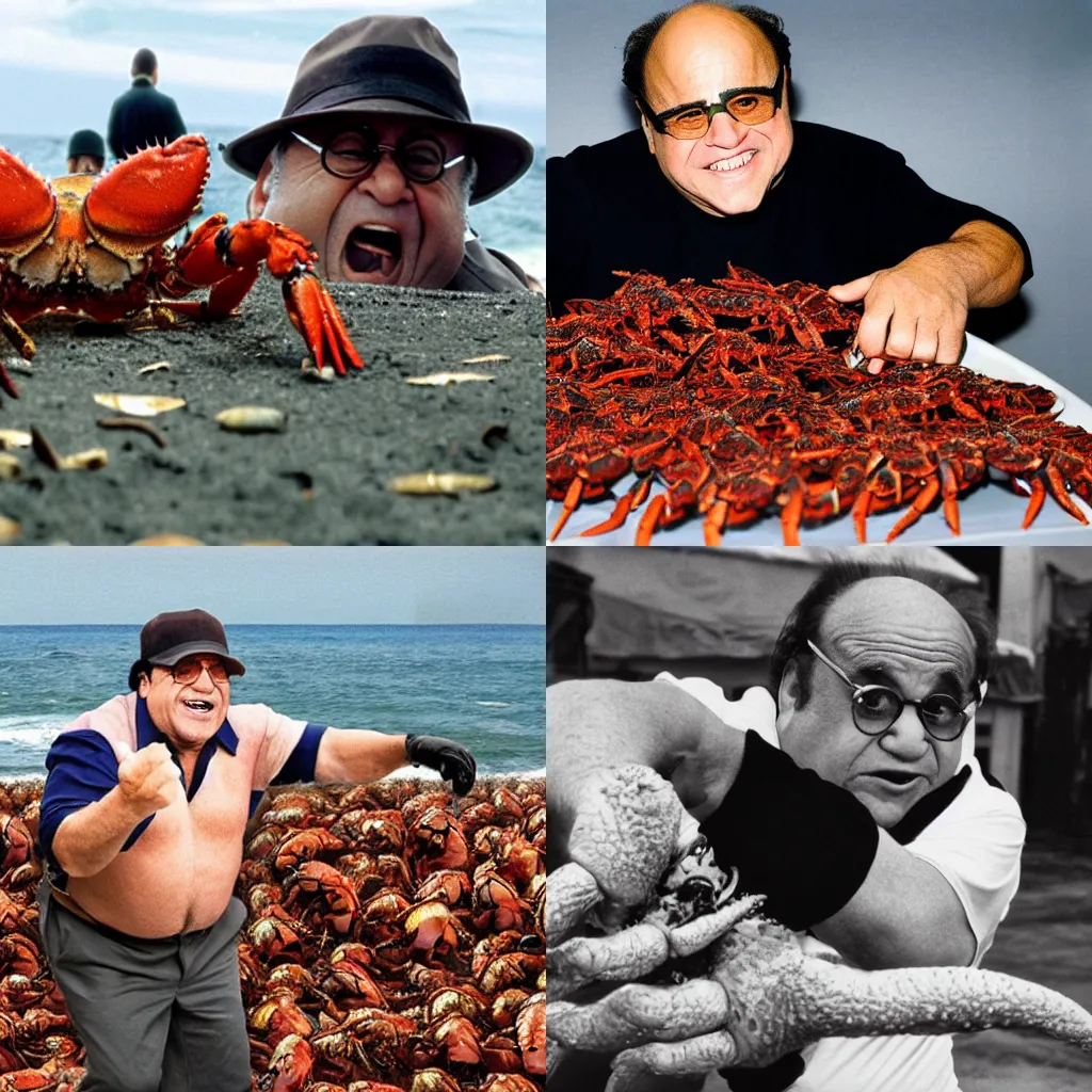 Prompt: Danny Devito fighting an army of crabs