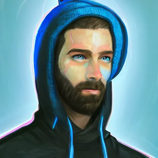 Prompt: a portrait of an ultradetailed futuristic cyberpunk wearing a hoodie on his head, bearded, deep blue eyes, by dylan kowalski, 8 k, purple neon colours, digital painting