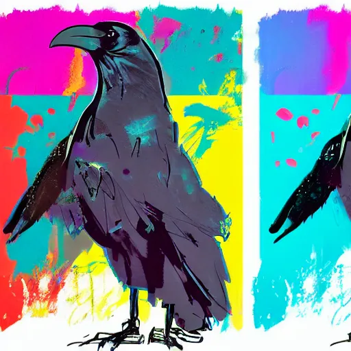 Prompt: illustration of cyberpunk raven, colorful splatters, by andy warhol and by zac retz and by kezie demessance