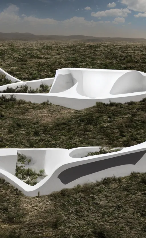 Image similar to architectural section of bioremediation white architecture, in chuquicamata, epic, cinematic, hyperealistic