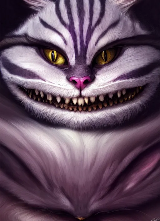 Prompt: cheshire cat, realistic, intricate, elegant, highly detailed, digital painting, artstation, concept art, smooth, sharp focus, illustration, art by wlop, mars ravelo and greg rutkowski