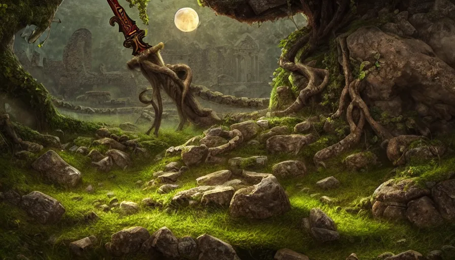 Image similar to a sword in a stone in ancient ruins, vines, magical forest, hyperrealistic, highly detailed, cinematic, single ray of moon, beautiful, cgssociety, artstation, 8 k, oil painting