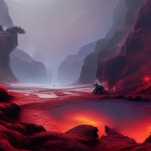 Image similar to landscape of a large Infiniti pool sitting in hell. intricate artwork by artstation. halo. octane render, cinematic, hyper realism, octane render, 8k, bokeh, demonic, dark, devil, demons, mist, red illuminating fog, rocks, hell. scheme.