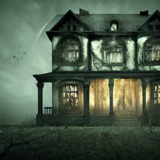 Image similar to a highly detailed photographic render of a creepy old haunted house, photos of a haunted living room, horror, bloody, ghost, creepy, cinematic lighting, cinematic scene, Volumetric lighting, Atmospheric scene, Dark, Horror, Atmospheric lighting, Global illumination cinematic render, film, beautifully lit, ray traced, octane 3D render, octane render, unreal engine