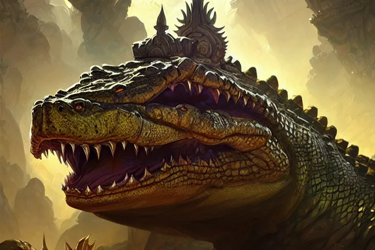 Image similar to epic crocodile god temple deep focus, d & d, fantasy, intricate, elegant, highly detailed, digital painting, artstation, concept art, matte, sharp focus, illustration, hearthstone, art by artgerm and greg rutkowski and alphonse mucha