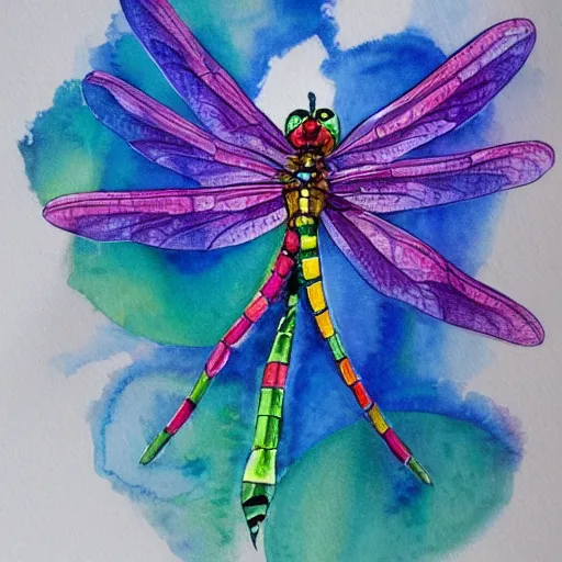 Prompt: water color illustration of a dragonfly with a human head. flower in it's mouth. collaborative piece by the worlds best artists. trending on everything, all the details.