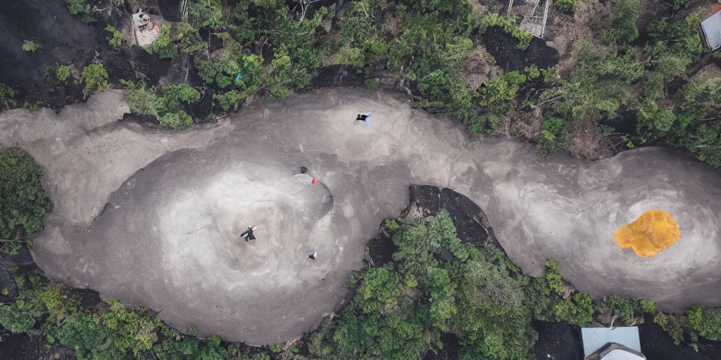 Prompt: a drone shot of a skatepark in a volcano