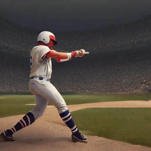 Image similar to baseball player hitting the ball with the baseball bat in the middle of the game and in front of everyone in the stadium, james gurney painting style, greg rutkowski, artstation, octane render, unreal engine 5