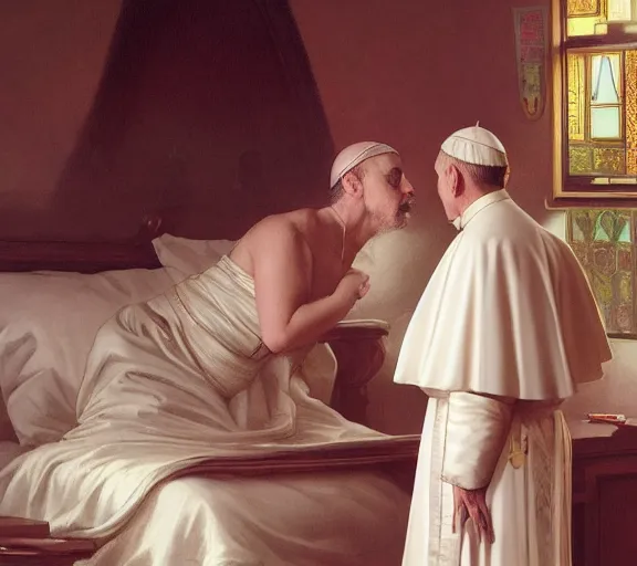 Image similar to photography of a pope kissing a sensual woman in a bedroom, deep focus, elegant, highly detailed, digital painting, artstation, concept art, matte, sharp focus, illustration, art by artgerm and greg rutkowski and alphonse mucha