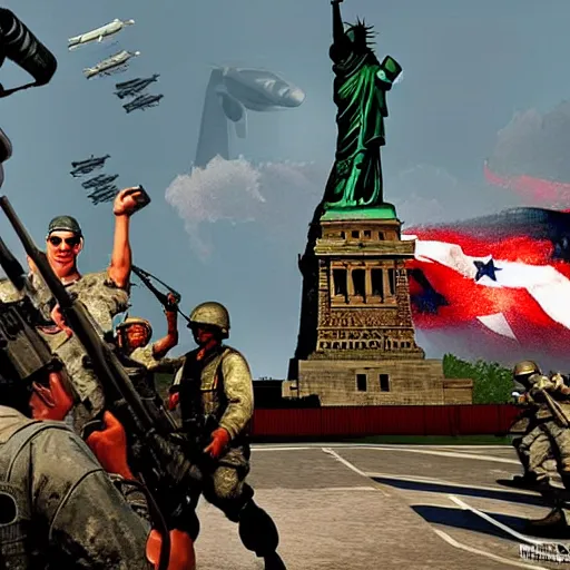 Image similar to The war between the Soviet Union and America, the action takes place in New York, far away against the background of the Statue of Liberty, a lot of soldiers and military equipment, a lot of explosions and tracer bullets, a lot of ruins, a very epic battle, The style of photography of the 80s