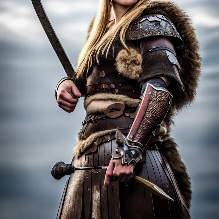 Image similar to professional photograph of a beautiful! female viking warrior. Extremely detailed. 8k